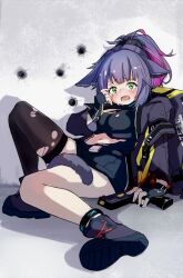 1girl animal_ears anklet arknights backpack bag black_bag black_footwear black_gloves black_jacket black_shorts black_thighhighs blue_hair blush breasts bullet_hole cat_ears cat_girl cat_tail crying crying_with_eyes_open fingerless_gloves gloves green_eyes gun handgun infection_monitor_(arknights) jacket jessica_(arknights) jessica_(ash)_(arknights) jewelry lolitamomoya long_hair long_sleeves medium_breasts midriff multicolored_hair navel official_alternate_costume open_clothes open_jacket open_mouth ponytail purple_hair shirt shorts single_thighhigh solo streaked_hair tail tail_around_own_leg tears thighhighs torn_clothes torn_shirt torn_thighhighs weapon