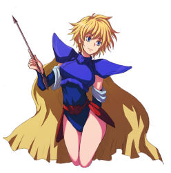 Rule 34 | 1girl, armor, arrow (projectile), blonde hair, blue eyes, cape, cropped legs, detached sleeves, faye, female focus, final fantasy, final fantasy mystic quest, kara (color), short hair, shoulder pads, solo