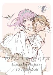 2girls alice_gear_aegis bare_shoulders bird blonde_hair blush bridal_veil bride carrying carrying_person dress drone female_focus gloves hair_bun highres hirasaka_yotsuyu holding looking_at_viewer matching_hair/eyes multiple_girls okano_rikiya open_mouth pink_hair princess_carry purple_eyes purple_hair short_hair simple_background smile standing takahata_nodoka veil watermark wedding_dress white_bird white_dress white_gloves wife_and_wife yuri