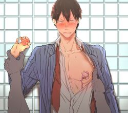 Rule 34 | 2boys, adam&#039;s apple, against wall, arakita yasutomo, arm at side, bare pectorals, black hair, blazer, blue jacket, blush, clothes pull, collarbone, collared shirt, egg vibrator, eyelashes, furrowed brow, hair between eyes, highres, holding another&#039;s wrist, jacket, long sleeves, looking at viewer, male focus, multiple boys, necktie, nipple stimulation, nose blush, open mouth, partially unbuttoned, pectorals, pinstripe jacket, pinstripe pattern, pov, pov hands, pulling another&#039;s clothes, rectangular mouth, red necktie, ribs, school uniform, sex toy, shadow, shirt, shirt pull, short hair, small pupils, solo focus, straight-on, sweat, takako (katakoto), tape, tile wall, tiles, undone necktie, upper body, v-shaped eyebrows, vibrator, vibrator on nipple, white shirt, yaoi, yowamushi pedal