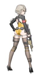 Rule 34 | 1girl, absurdres, ass, black gloves, black shoes, black shrug, black thighhighs, blush, cheogtanbyeong, closed mouth, commentary request, explosive, fake tail, from behind, girls&#039; frontline, girls&#039; frontline 2: exilium, gloves, grenade, gun, hair ornament, half gloves, high heels, highres, holding, holding gun, holding weapon, korean commentary, kriss vector, leotard, looking at viewer, looking back, mixed-language commentary, official alternate costume, pouch, rabbit tail, shoes, short hair, shrug (clothing), simple background, skindentation, solo, submachine gun, tail, thighhighs, trigger discipline, vector (girls&#039; frontline), vector (girls&#039; frontline 2), vector (molotov bunny) (girls&#039; frontline 2), weapon, white background, x hair ornament, yellow eyes, yellow leotard