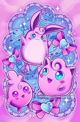 :d blue_eyes blush_stickers closed_mouth creature creatures_(company) evolution evolutionary_line game_freak gen_1_pokemon gen_2_pokemon happy heart highres igglybuff jigglypuff musical_note nintendo no_humans open_mouth pink_background pink_theme pokemon pokemon_(creature) retkikosmos ribbon smile sparkle treble_clef watermark web_address wigglytuff