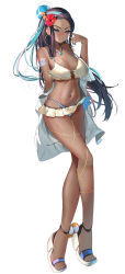 Rule 34 | 1girl, absurdres, arm behind back, arm tattoo, bare shoulders, bikini, bikini skirt, black hair, blue bikini, blue eyes, blue hair, blush, breasts, chain, cleavage, closed mouth, collarbone, dark-skinned female, dark skin, earrings, eyeshadow, flower, gold chain, hair bun, hair flower, hair ornament, highres, hoop earrings, jacket, jewelry, large breasts, light smile, long hair, looking at viewer, makeup, momdy (talesshinja), multicolored hair, navel, necklace, nessa (pokemon), nintendo, open clothes, open jacket, platform sandals, pokemon, pokemon swsh, sandals, simple background, single hair bun, solo, stomach, swimsuit, tattoo, two-tone hair, white background, white bikini, white jacket