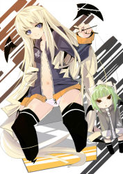 00s 2girls black_legwear blonde_hair blush brown_eyes chachazero doll evangeline_a.k._mcdowell flat_chest green_hair long_hair mahou_sensei_negima! multiple_girls navel no_bra panties string striped_clothes striped_panties thighhighs underwear unzipped vampire very_long_hair white_background zettai_ryouiki zipper