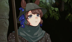 1girl animal_ears blue_ribbon bow brown_hair ear_ribbon grey_eyes helmet highres monty_python monty_python_and_the_holy_grail parody ribbon scene_reference tosen_jordan_(umamusume) umamusume upper_body v-shaped_eyebrows voodoothur