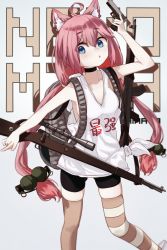 1girl :o ahoge akm animal_ear_fluff animal_ears assault_rifle asymmetrical_legwear backpack bag bare_arms bike_shorts black_choker blue_background blue_eyes bolt_action breasts brown_thighhighs cat_ears character_name choker collarbone commentary_request cuicuijiao explosive eyes_visible_through_hair feet_out_of_frame glock grenade gun handgun highres hinata_channel kalashnikov_rifle long_hair looking_at_viewer low_twintails mauser_98 mismatched_legwear nekomiya_hinata parted_lips pink_hair pistol pointing rifle shirt sideboob solo striped_clothes striped_thighhighs tank_top thighhighs tied_shirt twintails virtual_youtuber weapon weapon_request white_tank_top