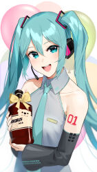 1girl :d aqua_eyes aqua_hair aqua_necktie artist_name balloon bottle collarbone commentary detached_sleeves english_commentary grey_vest hair_between_eyes hatsune_miku headset highres holding holding_bottle long_hair long_sleeves looking_at_viewer necktie number_tattoo open_mouth sasoura shoulder_tattoo smile solo tattoo twintails upper_body vest vocaloid