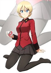 Rule 34 | 1girl, adapted costume, black pantyhose, black skirt, blonde hair, blue eyes, braid, close-up, closed mouth, cup, darjeeling (girls und panzer), girls und panzer, highres, holding, holding cup, jacket, legs, looking at viewer, miniskirt, omachi (slabco), pantyhose, pleated skirt, red jacket, seiza, sitting, skirt, spread legs, st. gloriana&#039;s military uniform, teacup, thighhighs, thighs together