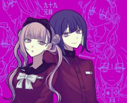 Rule 34 | black bow, bow, brother and sister, closed mouth, highres, japanese text, long hair, looking at viewer, matching hair/eyes, meromeroo00, pink eyes, pink hair, purple hair, siblings, smile, the hundred line -last defense academy-, translation request, tsukumo ima, tsukumo kako, twins, twintails, upper body