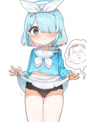 1girl absurdres arona_(blue_archive) blue_archive blue_eyes blue_hair blue_shirt blush clothes_lift commentary doodle_sensei_(blue_archive) freehoney hair_over_one_eye halo highres lifting_own_clothes loli panties sensei_(blue_archive) shirt skirt skirt_lift underwear white_skirt