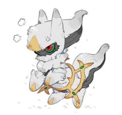 puff_of_air anger_vein animal_focus annoyed arceus chibi colored_sclera creatures_(company) fluffy full_body game_freak gen_4_pokemon green_sclera jpeg_artifacts legendary_pokemon mythical_pokemon nintendo no_humans pokemon pokemon_(creature) red_eyes rx_chuang solo standing