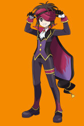 Rule 34 | 1boy, arms up, asatsuki (fgfff), ascot, bright pupils, brown eyes, brown hair, cape, commentary request, cosplay, full body, gloves, grin, happy, headband over one eye, highres, jacket, long sleeves, male focus, morty (fall 2021) (pokemon), morty (pokemon), morty (pokemon) (cosplay), nate (pokemon), nintendo, orange background, pants, pokemon, pokemon bw2, pokemon masters ex, shoes, short hair, simple background, smile, solo, standing, teeth, white ascot, white pupils