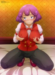 1girl bed bedroom black_pants blush bowtie breasts burgundy_(pokemon) covered_erect_nipples grabbing_own_breast large_breasts long_sleeves looking_at_viewer nintendo nipple_stimulation nipple_tweak on_bed pants pokemon pokemon_(anime) pokemon_bw_(anime) puffy_sleeves purple_eyes purple_hair red_bow red_bowtie red_shoes red_vest shirt shoes short_hair smile squatting vest white_shirt zel-sama