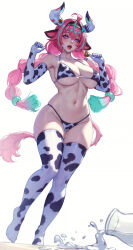1girl ahoge alternate_costume animal_ears animal_print bare_shoulders bikini black_hairband blush bottle braid breasts collarbone commentary cow_ears cow_girl cow_horns cow_print cow_print_bikini cow_print_gloves cow_print_thighhighs ear_bell elbow_gloves full_body genshin_impact gloves hair_between_eyes hairband hands_up highres horns large_breasts long_hair looking_at_viewer low_twin_braids milk_bottle multicolored_hair navel no_shoes open_mouth pink_hair print_bikini print_gloves print_thighhighs purple_eyes skindentation solo spill stomach streaked_hair swimsuit thigh_gap thighhighs thighs twin_braids varesa_(genshin_impact) wo_jiushi_kanbudong