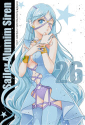 Rule 34 | 1girl, bare shoulders, bishoujo senshi sailor moon, bishoujo senshi sailor moon stars, blue dress, blue eyes, blue hair, blue sailor collar, blue thighhighs, bracer, breasts, cleavage, cowboy shot, cross-laced clothes, cross-laced dress, dress, earrings, fingernails, floating earrings, garter straps, highres, jewelry, long fingernails, long hair, medium breasts, necklace, one eye closed, panties, parted bangs, parted lips, purple panties, sailor aluminum seiren, sailor collar, sarashina kau, shell, shell necklace, solo, star (symbol), star earrings, thighhighs, twitter username, underwear