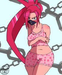 Rule 34 | 1girl, angry, aqua background, arm behind back, arm under breasts, armpits, artist logo, artist request, blush, bodysuit, boyshort panties, breast press, breasts, camisole, capcom, chain, collarbone, delinquent, embarrassed, female focus, gloves, heart, heart print, highres, himezaki aoi, humiliation, justice gakuen, legs, legs together, logo, long hair, looking at viewer, looking up, mask, matching underwear, medium breasts, midriff, moero! justice gakuen, mouth mask, navel, neck, panties, parted bangs, pink camisole, pink panties, ponytail, purple eyes, red hair, sidelocks, standing, thighs, torn bodysuit, torn clothes, tsundere, underwear, underwear only, unworn gloves, very long hair, wardrobe malfunction, wide hips