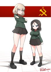 2girls army_uniform artist_name black_footwear black_hair black_skirt black_socks blonde_hair blue_eyes blush breasts commentary crossed_arms dated emblem girls_und_panzer green_jacket hammer_and_sickle highres huge_breasts insignia jacket katyusha_(girls_und_panzer) kyosuke_fujiwara large_breasts legs light_smile loafers long_hair long_sleeves military military_uniform miniskirt multiple_girls nonna_(girls_und_panzer) oppai_loli pleated_skirt pravda_(emblem) pravda_school_uniform red_shirt role_reversal school_uniform shadow shirt shoes short_hair signature size_difference skirt small_breasts smile smug socks standing swept_bangs turtleneck