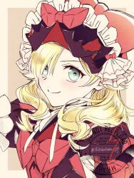 1girl armor black_armor blonde_hair blue_eyes fire_emblem fire_emblem_engage frilled_headwear hair_over_one_eye highres looking_at_viewer marni_(fire_emblem) nintendo red_armor shirokuroma_29 smile solo two-tone_headwear