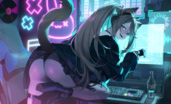 1girl ahoge animal_ears ass black_boots black_choker black_gloves black_jacket black_panties black_skirt blue_eyes boots cat_ears cat_girl cat_tail chair choker clothes_lift cola commentary english_commentary fang fingerless_gloves fishnets gaming_chair glass_bottle gloves hair_between_eyes headset highres indie_virtual_youtuber jacket led long_hair long_sleeves looking_at_viewer looking_back mixing_console nomu_(29_nom) open_mouth panties record single_fishnet_legwear skirt skirt_lift smile snowwiiii solo swivel_chair tail thigh_strap underwear very_long_hair virtual_youtuber