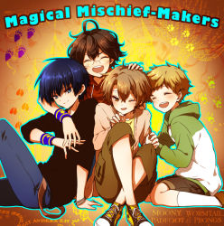 4boys black_hair blue_eyes brown_eyes brown_hair character_name glasses harry_potter_(series) hood hoodie james_potter kapirusu male_focus multiple_boys open_mouth paw_print peter_pettigrew remus_lupin shorts sirius_black smile suspenders sweater wizarding_world