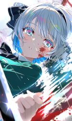 Rule 34 | absurdres, black hairband, blood, blood on face, blue eyes, close-up, collared shirt, colored eyelashes, fingernails, from side, green vest, grey hair, hair ribbon, hairband, highres, katana, konpaku youmu, looking at viewer, lying, on back, parted lips, portrait, purple eyes, rain, ribbon, shirt, short hair, slit pupils, sword, torikaze785, touhou, vest, water, water drop, weapon