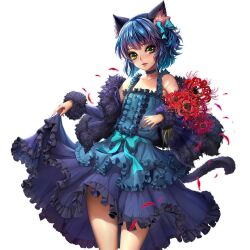 Rule 34 | 1boy, animal ear fluff, animal ears, bare shoulders, black jacket, black tail, blue bow, blue dress, blue hair, bouquet, bow, cat boy, cat ears, cat tail, center frills, collarbone, commentary, commission, cowboy shot, dress, elbow carry, english commentary, flower, frilled dress, frills, fur-trimmed jacket, fur-trimmed sleeves, fur trim, green eyes, hair bow, jacket, jacket partially removed, lips, looking at viewer, male focus, one side up, parted lips, red flower, red petals, ryoune yami, sammi hisame, short hair, simple background, skinny, skirt hold, sleeveless, sleeveless dress, smile, solo, standing, tail, trap, utau, white background