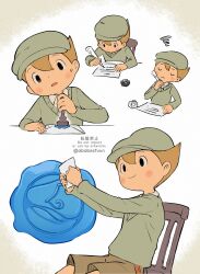1boy abarenbou_bifun black_eyes blonde_hair blue_headwear blue_sweater blush brown_shorts cabbie_hat closed_eyes closed_mouth collared_shirt commentary_request envelope hand_up hat highres holding holding_envelope holding_quill inkwell long_sleeves luke_triton male_focus multiple_views on_chair open_mouth paper professor_layton quill sequential shirt short_hair shorts sitting smile sweatdrop sweater wax_seal white_shirt writing