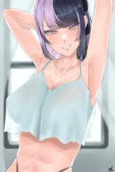 1girl absurdres armpit_crease armpits black_hair breasts highres hololive hololive_english large_breasts lips looking_at_viewer multicolored_hair presenting_armpit purple_hair shikuroo0 shiori_novella smile solo solo_focus virtual_youtuber yellow_eyes