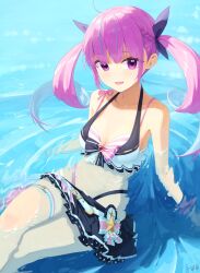 1girl ahoge arm_support belt bikini black_skirt blue_hair braid breasts colored_inner_hair commentary_request front-tie_bikini_top front-tie_top hair_ribbon highleg highleg_bikini highres hololive hololive_summer_2023_swimsuit layered_bikini light_blush long_hair looking_at_viewer makimaki_makky7 medium_breasts minato_aqua miniskirt multicolored_hair official_alternate_costume open_mouth partially_submerged pleated_skirt purple_eyes purple_hair ribbon sitting skirt smile solo star_(symbol) streaked_hair striped_bikini striped_clothes swimsuit thigh_belt thigh_strap twintails two-tone_hair virtual_youtuber water white_belt