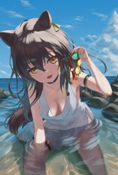 1girl akabane_hibame animal_ears arknights armband armpits bare_arms blue_sky breasts brown_hair choker commentary_request day dress earrings fang hand_up highres holding holding_jewelry jewelry looking_at_viewer lunacub_(arknights) medium_breasts medium_hair no_bra ocean open_mouth outdoors short_dress single_earring sitting skin_fang sky sleeveless sleeveless_dress smile solo tail thigh_strap wading wariza white_dress wolf_ears wolf_girl wolf_tail yellow_eyes