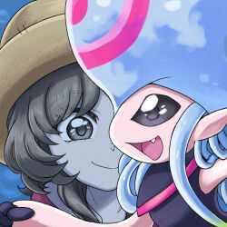 Rule 34 | 2girls, digimon, digimon (creature), fang, hat, jellyfish girl, jellymon, lawuchi, monster girl, multiple girls, open mouth, pointy ears, straw hat, tentacle hair, tentacles