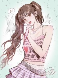 1girl aespa belt blunt_bangs blush brown_eyes brown_hair cowboy_shot hashtag-only_commentary highres holding holding_microphone k-pop karina_(aespa) microphone musical_note open_mouth real_life sidelocks signature skirt smile solo spoken_musical_note twintails xihuanhaokande