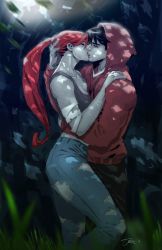 1boy 1girl artemis_of_bana-mighdall bandaged_arm bandages batman_(series) black_hair black_pants breasts cleavage commentary couple dc_comics denim dexter_soy english_commentary closed_eyes forest grey_tank_top hand_on_another&#039;s_head hetero highres hood hood_up hoodie jason_todd jeans kiss long_hair long_sleeves nature outdoors pants ponytail red_hair red_hoodie short_hair signature tank_top torn_clothes torn_pants tree very_long_hair wonder_woman_(series)