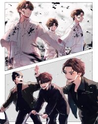 3boys black_jacket brown_hair closed_mouth commentary fur-trimmed_jacket fur_trim hat highres holding holding_sword holding_weapon jacket joshua_(seventeen) k-pop male_focus mokome124 multiple_boys s.coups seventeen_(group) short_hair smile sweatdrop sword symbol-only_commentary weapon white_jacket woozi_(seventeen)