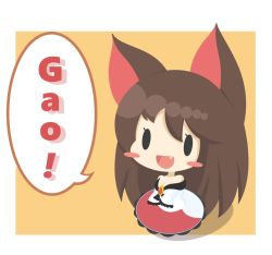 1girl :d animal_ears bare_shoulders blush_stickers brooch brown_hair chibi dress fang female_focus gao imaizumi_kagerou jewelry long_hair long_sleeves off-shoulder_dress off_shoulder open_mouth orange_background simple_background sleeves_past_wrists smile solid_oval_eyes solo touhou white_background wide_sleeves wolf_ears ziogon |_|