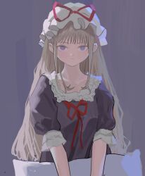 1girl :| blonde_hair choppy_bangs closed_mouth collarbone cropped_torso dress expressionless frilled_hat frills hat hat_ribbon highres holding holding_pillow long_hair mob_cap pillow puffy_short_sleeves puffy_sleeves purple_dress purple_eyes red_ribbon reisende1969 ribbon short_sleeves sidelocks solo touhou white_hat yakumo_yukari