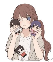 1girl araragi_koyomi blue_eyes blush brown_hair character_doll closed_mouth cropped_torso doll grey_shirt hands_up highres holding kaiki_deishuu kanbaru_suruga long_hair looking_at_viewer monogatari_(series) one_eye_closed open_clothes open_shirt ponytail senjougahara_hitagi shirt short_sleeves simple_background sketch smile upper_body valhalla0707 very_long_hair white_background