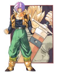 Rule 34 | 1boy, black shirt, blue eyes, bowl cut, clenched hands, commentary, dragon ball, dragonball z, dual persona, english commentary, full body, green pants, holding, holding sword, holding weapon, long sleeves, looking at viewer, male focus, muscular, muscular male, official alternate costume, pants, parted hair, pectoral cleavage, pectorals, purple hair, sheath, shirt, silverwoodwork, solo, super saiyan, super saiyan 1, sweat, sword, trunks (dragon ball), trunks (future) (dragon ball), unsheathing, velcro footwear, vest, weapon, white background, yellow vest