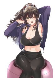 1girl alternate_costume ashigara_(kancolle) ashigara_kai_ni_(kancolle) ball black_pants black_sports_bra brown_eyes brown_hair high-waist_pants highres jacket kantai_collection kirekawa_(lovelyplace) looking_at_viewer one_eye_closed open_mouth pants ponytail simple_background solo sports_bra sportswear tight_clothes tight_pants track_jacket white_background yoga yoga_pants