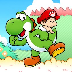 1boy baby baby_mario brown_hair day diaper dinosaur grin hat highres looking_at_viewer mario mario_(series) nintendo open_mouth smile super_mario_world_2:_yoshi&#039;s_island tail yoshi yoshi&#039;s_island