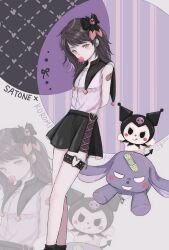 1girl bandaged_arm bandages black_skirt blush bow brown_hair chewing_gum d4u4a-vvvats gothic_lolita hair_bow kaidou_satone kuromi lolita_fashion long_hair looking_at_viewer miniskirt pink_shirt sanrio sanrio_danshi shirt skirt sleeveless sleeveless_shirt tomodachi_game tongue tongue_out yellow_eyes