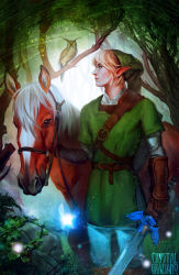 1boy artist_name bird blonde_hair closed_mouth crystal_graziano forest highres holding holding_sword holding_weapon horse link male_focus nature navi nintendo nose outdoors owl pants pointy_ears profile short_hair solo standing sword the_legend_of_zelda tree weapon white_pants
