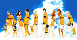 6+boys bad_id bad_pixiv_id bald black_hair blonde_hair brown_hair carrying child dark_skin dark-skinned_male dual_persona inoo kirihara_akaya kuwahara_jackal male_focus marui_bunta multiple_boys niou_masaharu sanada_gen&#039;ichirou shorts tennis_no_ouji-sama time_paradox uniform walking yagyuu_hiroshi yanagi_renji aged_down yukimura_seiichi