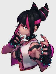Rule 34 | 1girl, black gloves, black hair, blue eyes, bracelet, breasts, collar, cone hair bun, double bun, fingerless gloves, gloves, grey background, hair bun, han juri, jewelry, kemachiku, looking at viewer, medium breasts, multicolored hair, pink hair, simple background, solo, spiked bracelet, spiked collar, spikes, street fighter, street fighter 6, two-tone hair, upper body