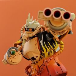 Rule 34 | arm cannon, cable, commentary, cosplay, dumbpla, english commentary, flame print, fusion, gouf, gundam, guy fieri, guy fieri (cosplay), highres, looking at viewer, mecha, meme, meme attire, mixed-language commentary, mobile suit, mobile suit gundam, model kit (medium), no humans, one-eyed, orange background, orange eyes, photo (medium), real life, robot, science, simple background, solo, unconventional media, upper body, weapon