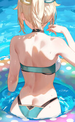 Rule 34 | 1girl, absurdres, ass, back, back focus, bare shoulders, bikini, bikini day, blonde hair, breasts, butt crack, commentary request, facing away, from behind, hair ribbon, highres, hololive, innertube, kazama iroha, medium hair, partially submerged, ponytail, ribbon, signature, solo, swim ring, swimsuit, virtual youtuber, water, zakimpo