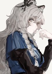 1girl absurdres animal_ear_fluff animal_ears arknights blue_coat braid butterfly_hair_ornament coat grey_eyes hair_ornament harume_neko highres juliet_sleeves leopard_ears leopard_girl long_hair long_sleeves official_alternate_costume pramanix_(arknights) pramanix_(caster&#039;s_frost)_(arknights) puffy_sleeves simple_background snow_leopard_ears snow_leopard_girl solo twin_braids white_background white_hair