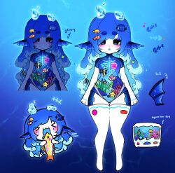 1girl aquarium blue_hair blush child fins fish fish_hair_ornament hair_ornament highres houndeater liquid_hair original thighhighs