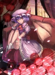 Rule 34 | 1girl, back bow, bat wings, blood, blood splatter, bow, collar, commentary request, couch, curtains, frilled collar, frilled wrist cuffs, frills, hand in own hair, hat, kozuki0912, mob cap, neckerchief, on couch, panties, pink hat, pink shirt, pink skirt, purple hair, red bow, red brooch, red eyes, red neckerchief, red ribbon, red shoes, remilia scarlet, ribbon, shirt, shoes, sitting, skirt, smile, socks, solo, touhou, underwear, white panties, white socks, window, wings, wrist cuffs