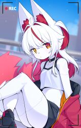 1girl absurdres ahoge android animal_ears black_shorts body_fur choker colored_inner_hair crop_top day dev_voxy fox_ears fox_girl fox_tail furry furry_female hair_intakes heterochromia highres jacket k-n.1a_(dev_voxy) light_particles long_hair midriff multicolored_hair multiple_tails navel o-ring o-ring_choker original outdoors pout recording red_eyes red_hair red_jacket seams short_shorts shorts sitting solo tail two_side_up viewfinder white_fur white_hair yellow_eyes